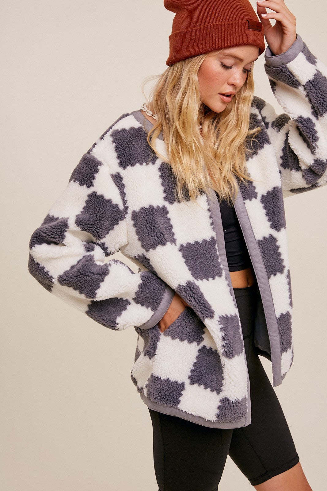 checkered open sweater jacket for women