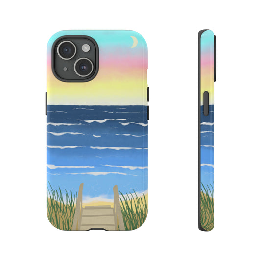 Sunset Beach Boardwalk Watercolor Tough Phone Case, Beachy Smartphone Cover