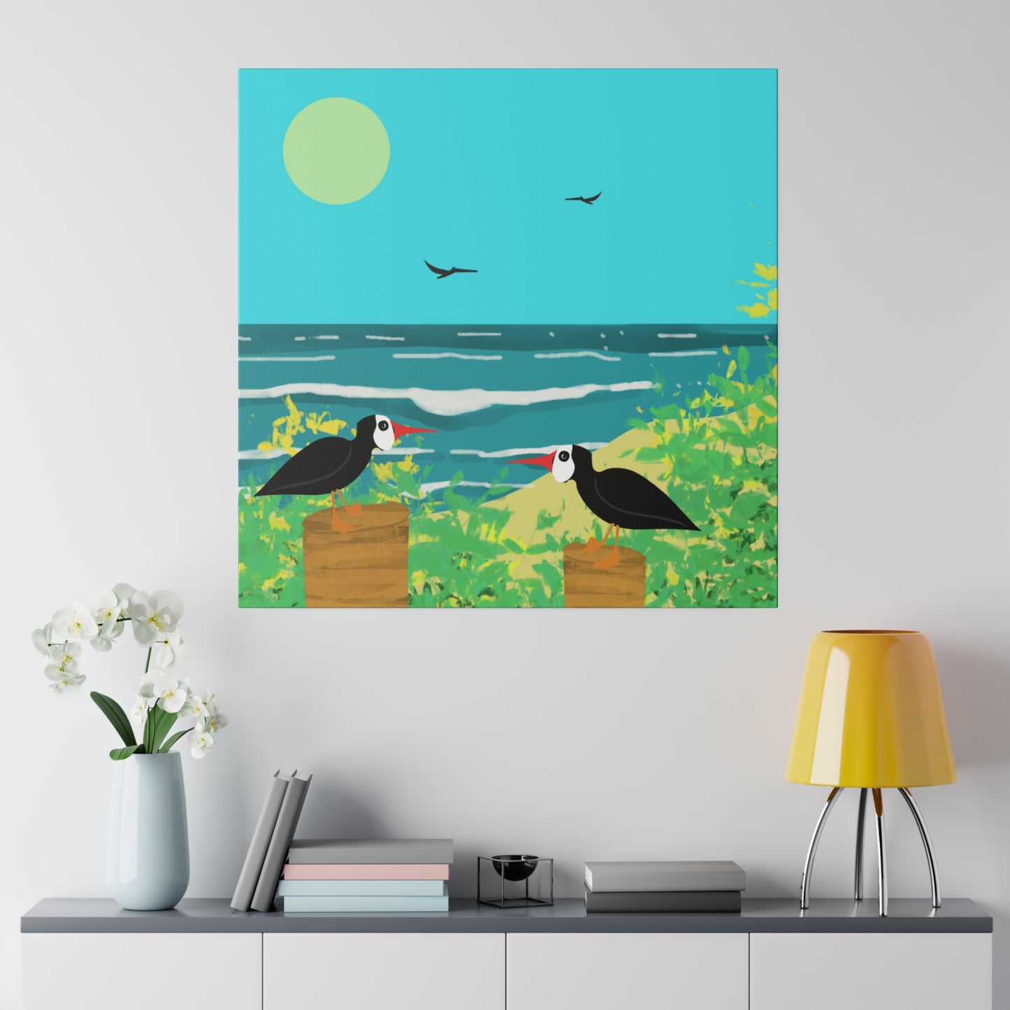 Oyster Catchers Beach Art Print on Matte Stretched Canvas 0.75"