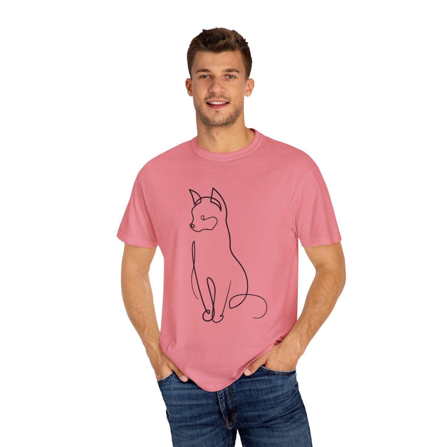 Line Art Cat Printed Unisex Garment-Dyed T-shirt