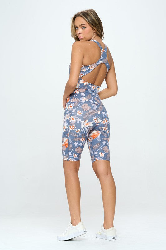 Tropical Flowers Print Activewear Shorts and Bra Set