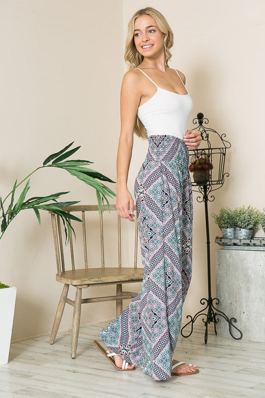 Bohemian Print Smocked Wide Leg Pants