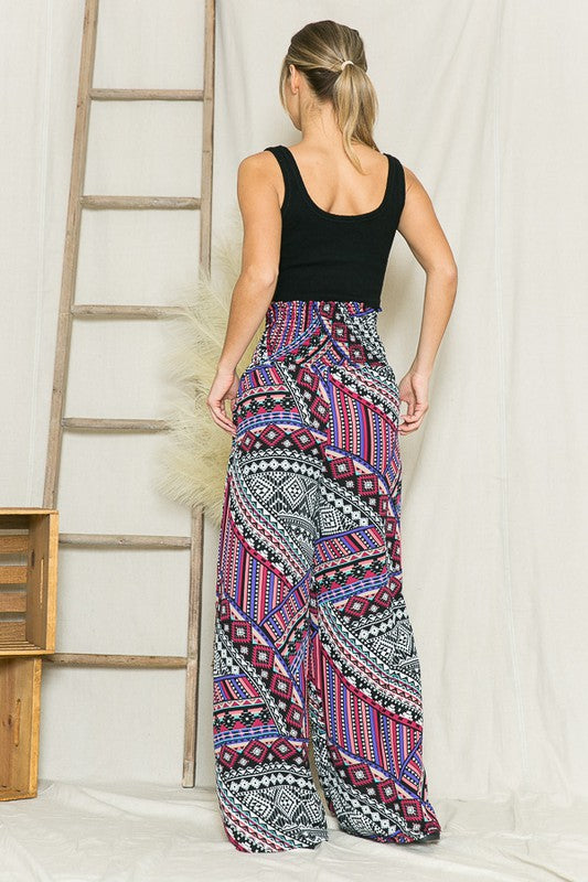 Bohemian Print Smocked Wide Leg Pants