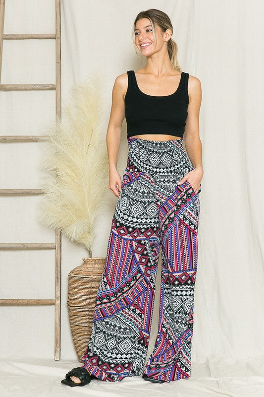 Bohemian Print Smocked Wide Leg Pants