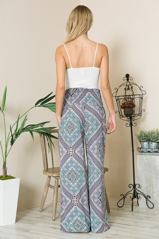 Bohemian Print Smocked Wide Leg Pants