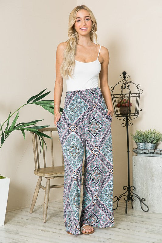 Bohemian Print Smocked Wide Leg Pants