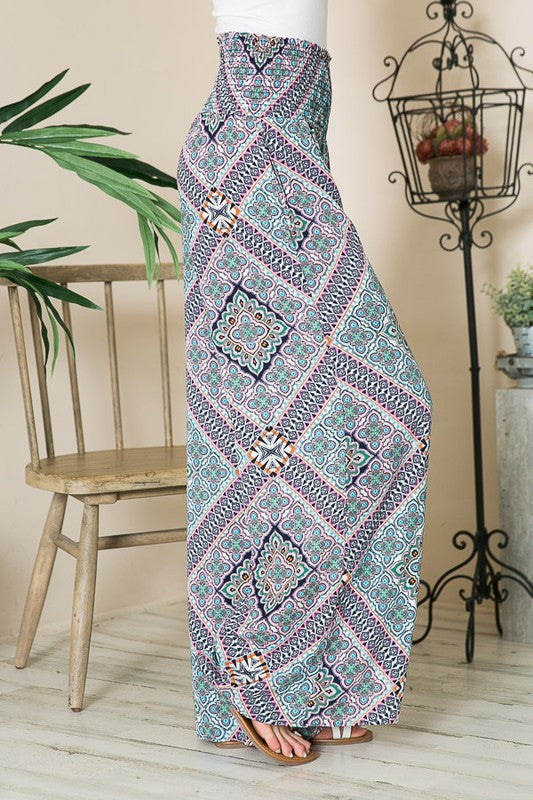 Bohemian Print Smocked Wide Leg Pants