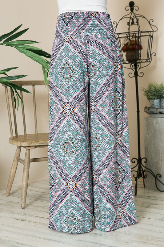 Bohemian Print Smocked Wide Leg Pants