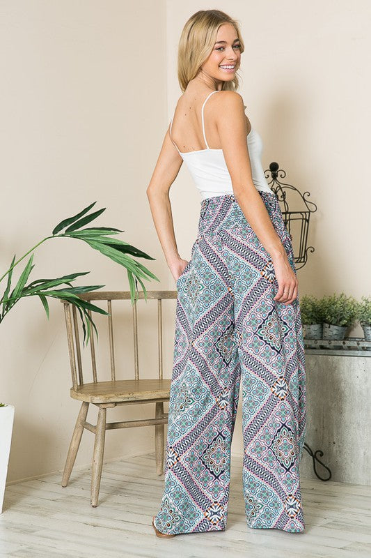 Bohemian Print Smocked Wide Leg Pants