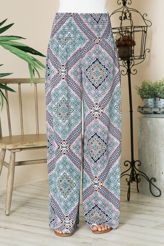 Bohemian Print Smocked Wide Leg Pants