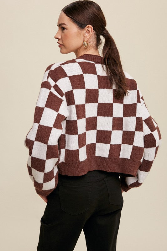 Bold Gingham Checker Pattern Sweater, Cropped Cardigan