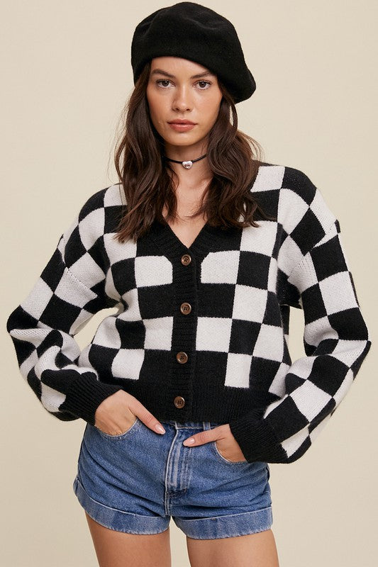 Bold Gingham Checker Pattern Sweater, Cropped Cardigan