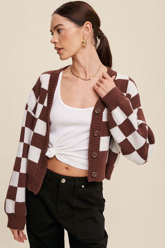 Bold Gingham Checker Pattern Sweater, Cropped Cardigan