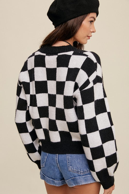 Bold Gingham Checker Pattern Sweater, Cropped Cardigan