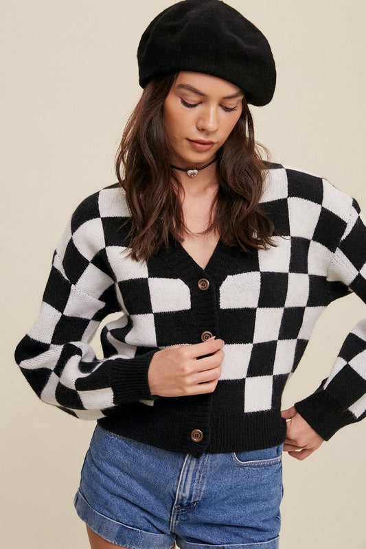 Bold Gingham Checker Pattern Sweater, Cropped Cardigan