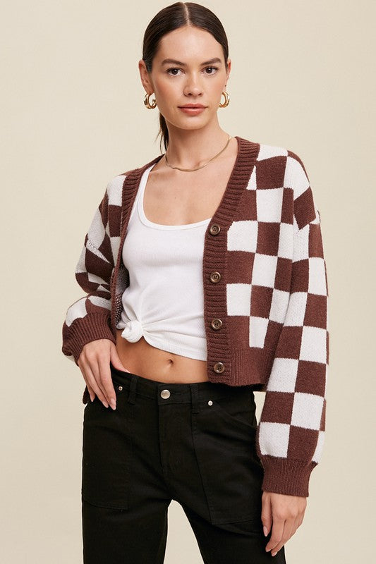 Bold Gingham Checker Pattern Sweater, Cropped Cardigan