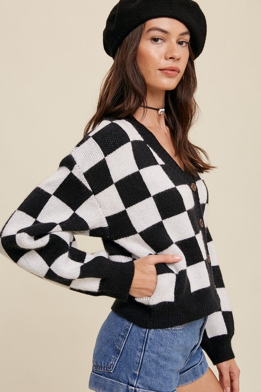 Bold Gingham Checker Pattern Sweater, Cropped Cardigan