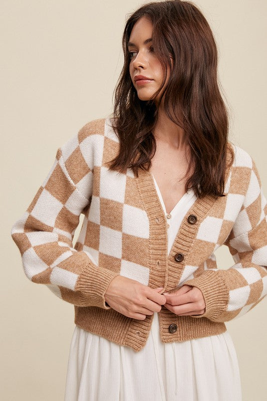 Bold Gingham Checker Pattern Sweater, Cropped Cardigan