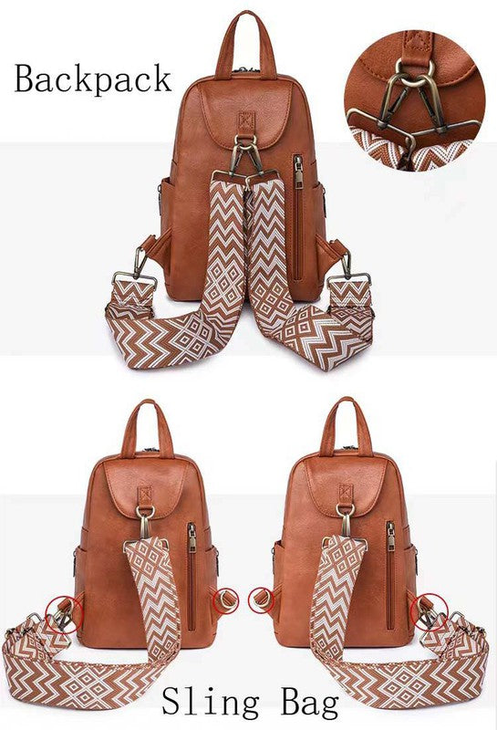 Convertible Backpack or Crossbody Sling with Woven Straps