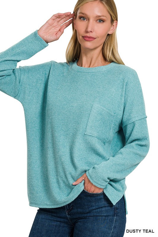 Ribbed Brushed Melange Hacci Sweater with Pocket