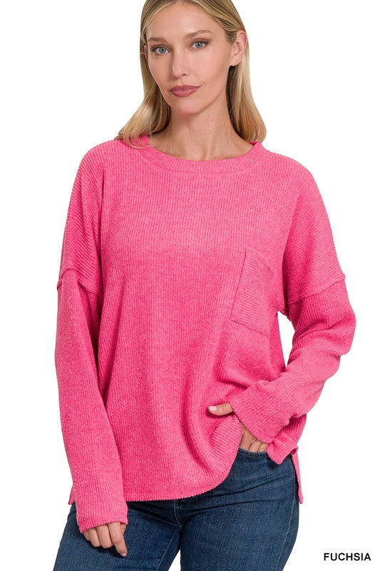 Ribbed Brushed Melange Hacci Sweater with Pocket