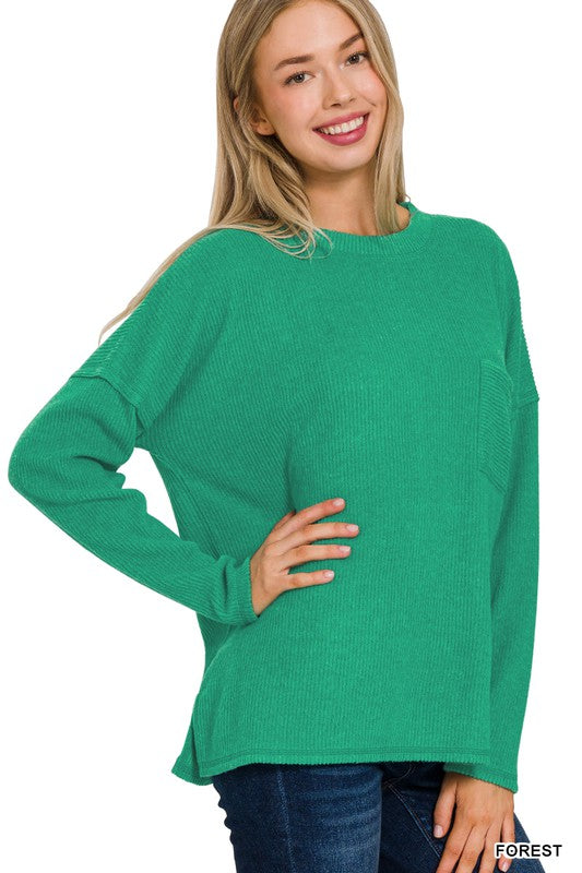 Ribbed Brushed Melange Hacci Sweater with Pocket