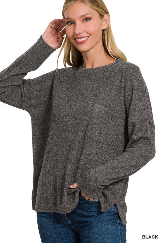 Ribbed Brushed Melange Hacci Sweater with Pocket