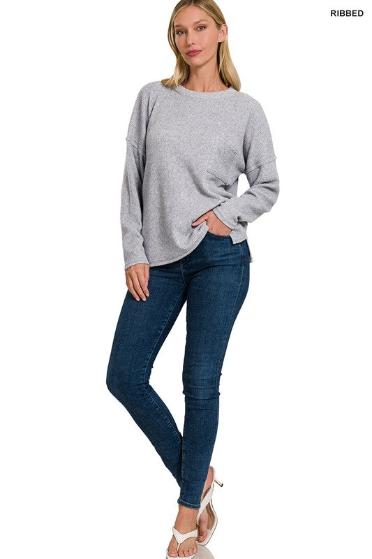 Ribbed Brushed Melange Hacci Sweater with Pocket