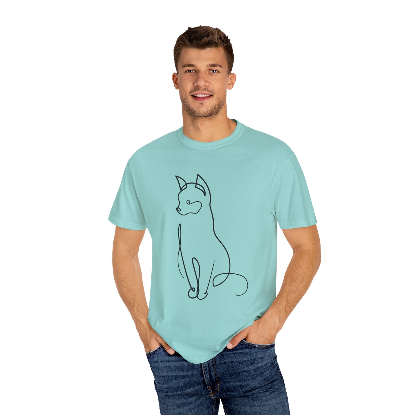 Line Art Cat Printed Unisex Garment-Dyed T-shirt