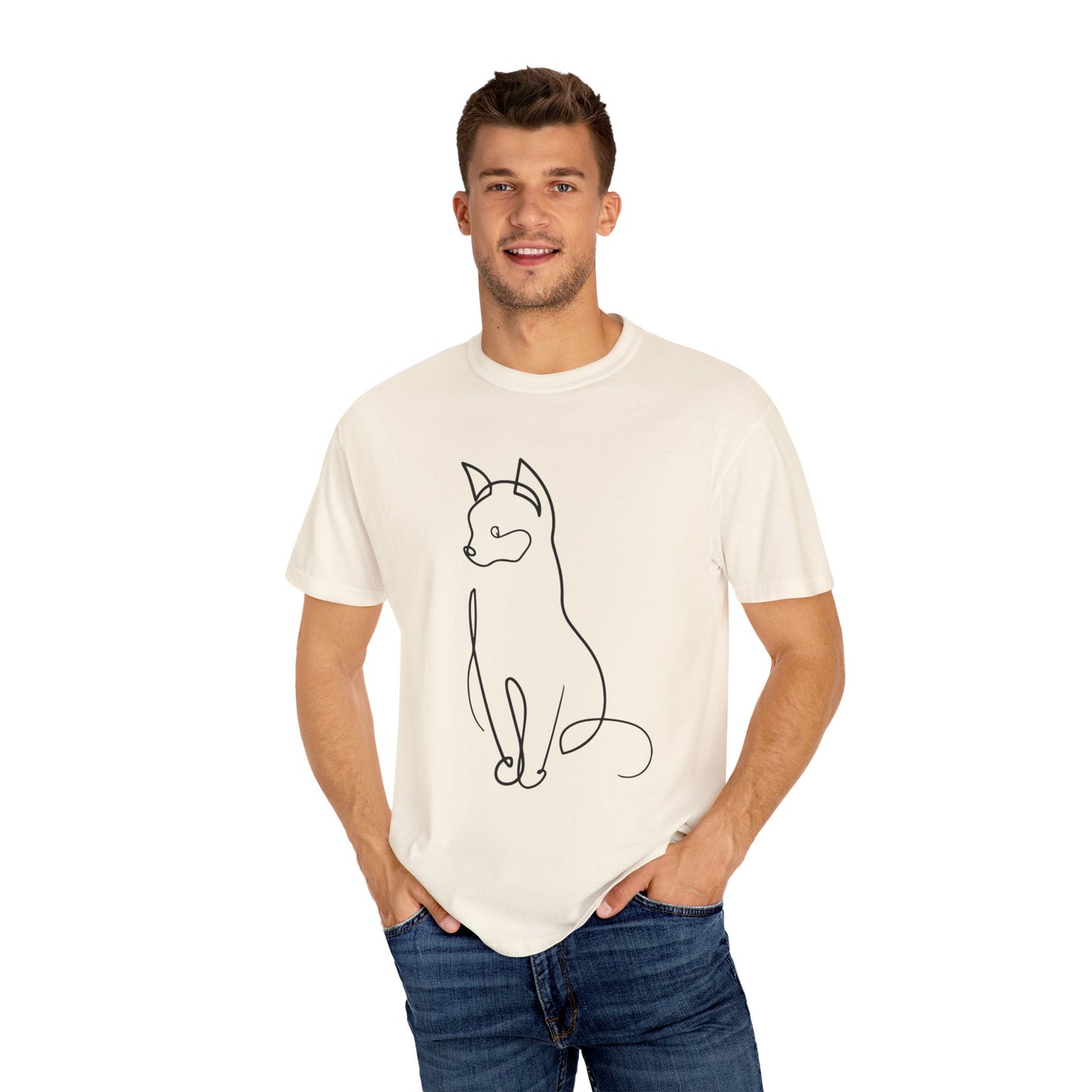 Line Art Cat Printed Unisex Garment-Dyed T-shirt