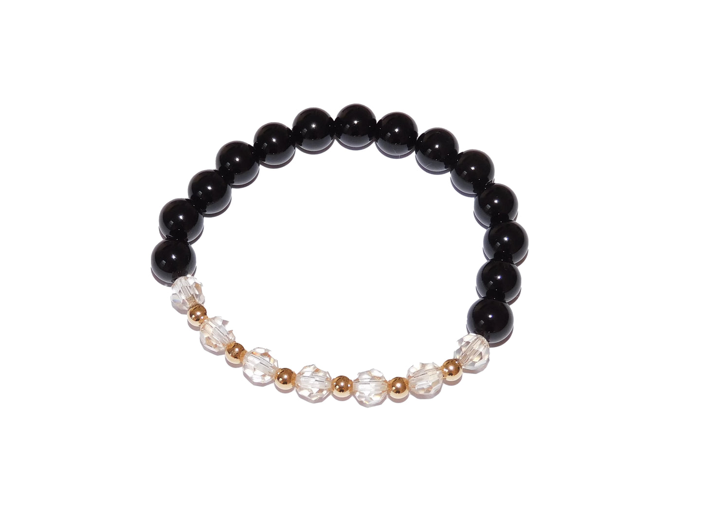 Gold and Champagne Beaded Crystal Stretch Bracelet with Black Onyx Beads