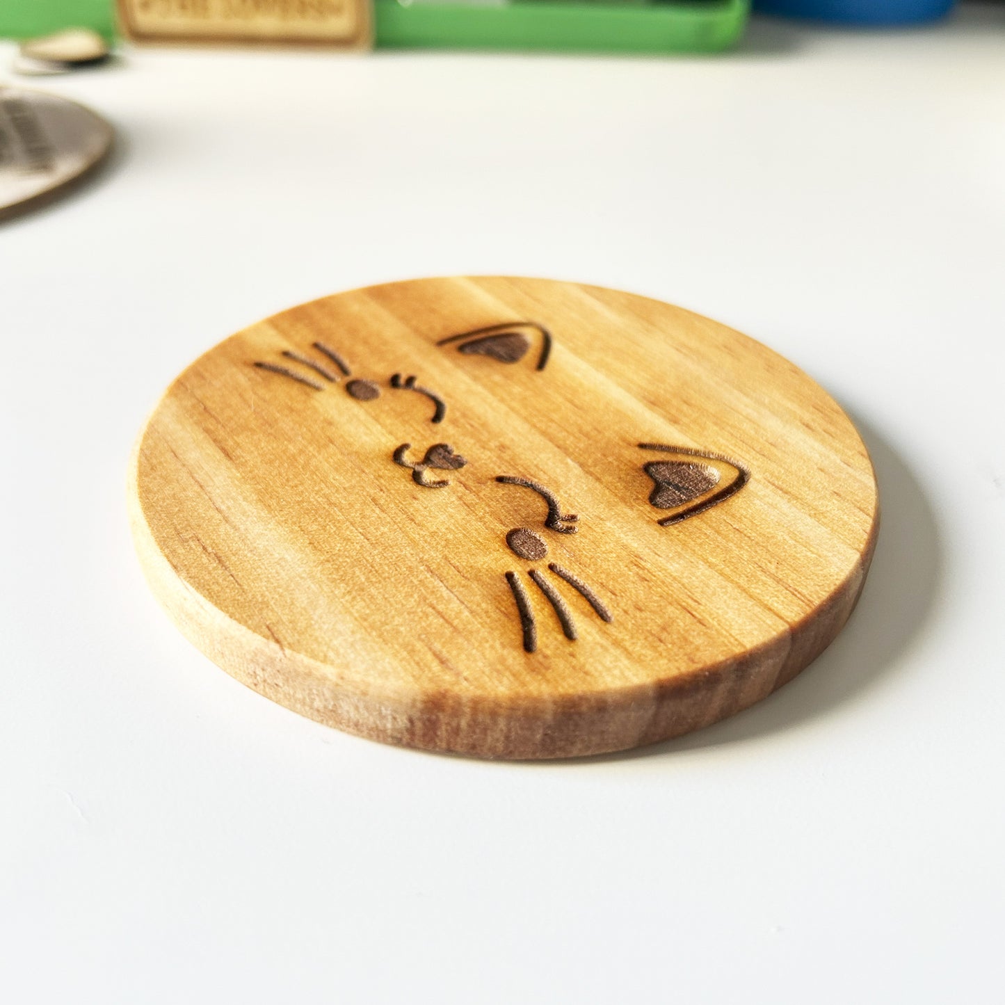 Happy Cat Face Engraved Wood Coaster