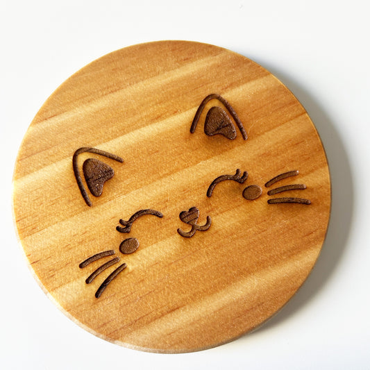 Happy Cat Face Engraved Wood Coaster