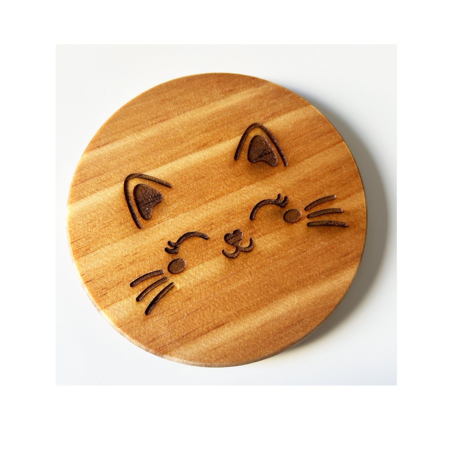 Happy Cat Face Engraved Wood Coaster