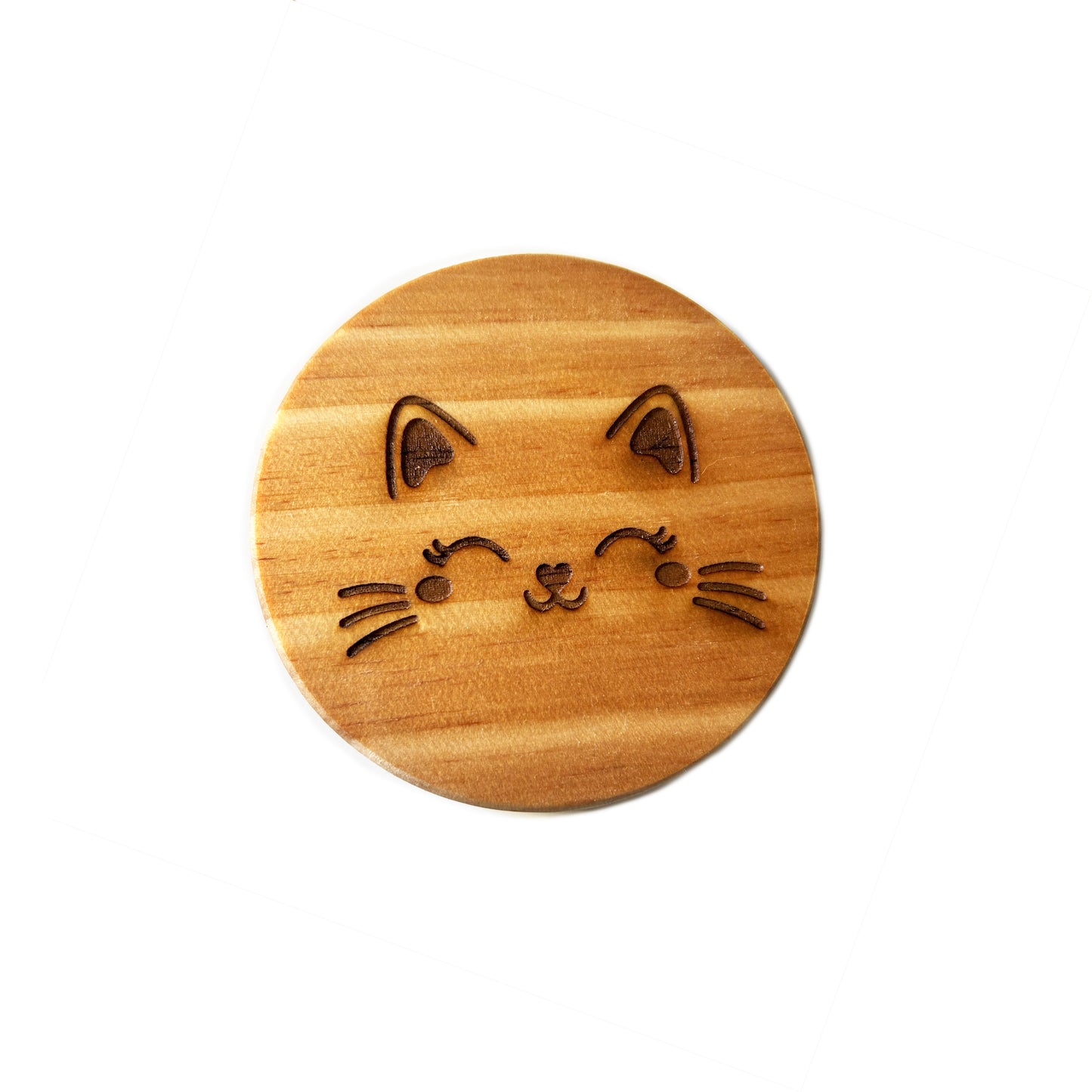 Happy Cat Face Engraved Wood Coaster