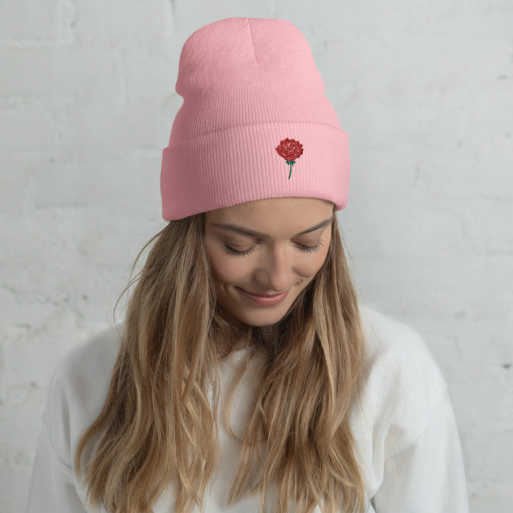 Red Rose Embroidered Cuffed Beanie