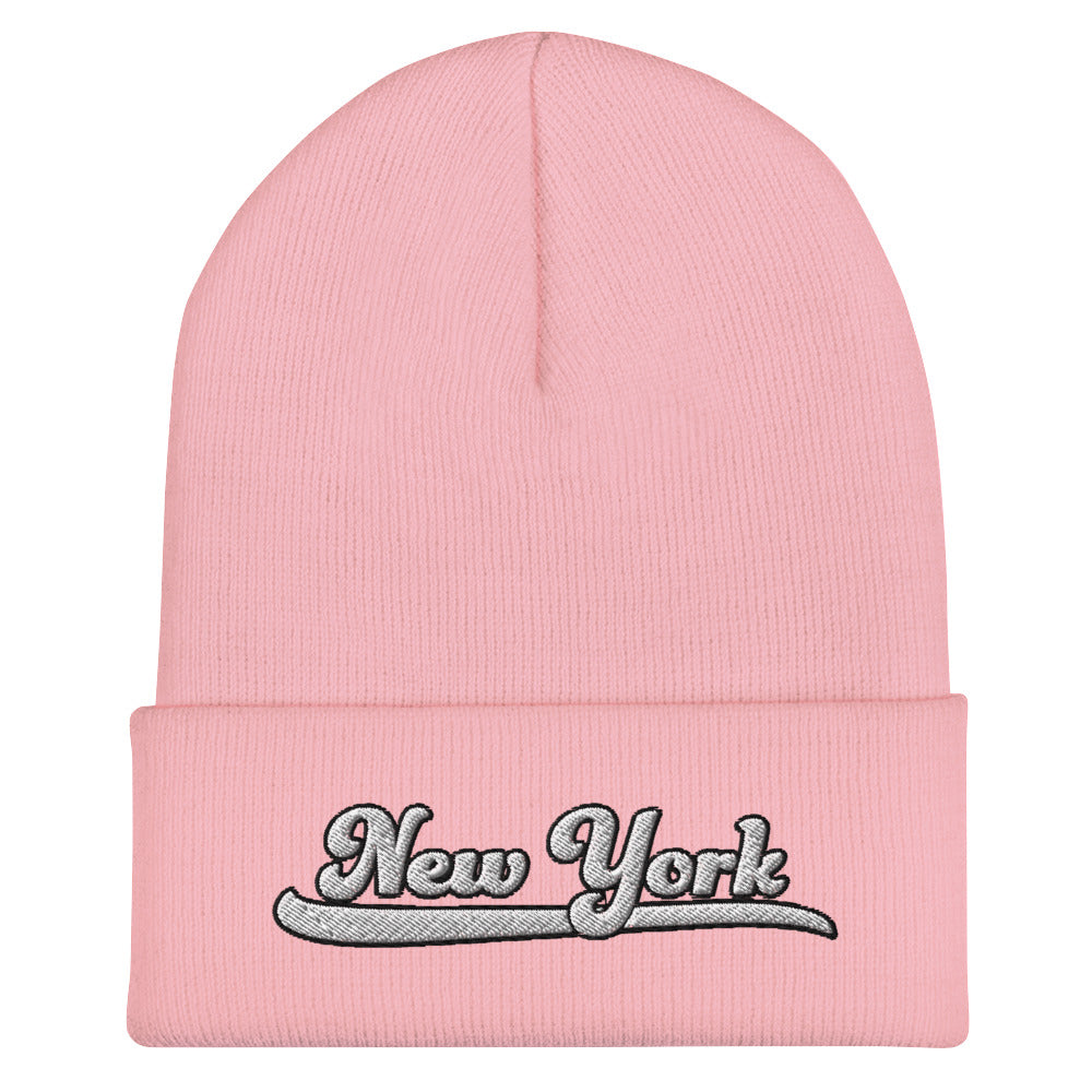 New York Embroidered Cuffed Beanie with Varsity Script