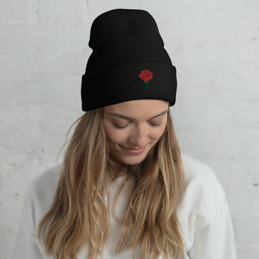 Red Rose Embroidered Cuffed Beanie