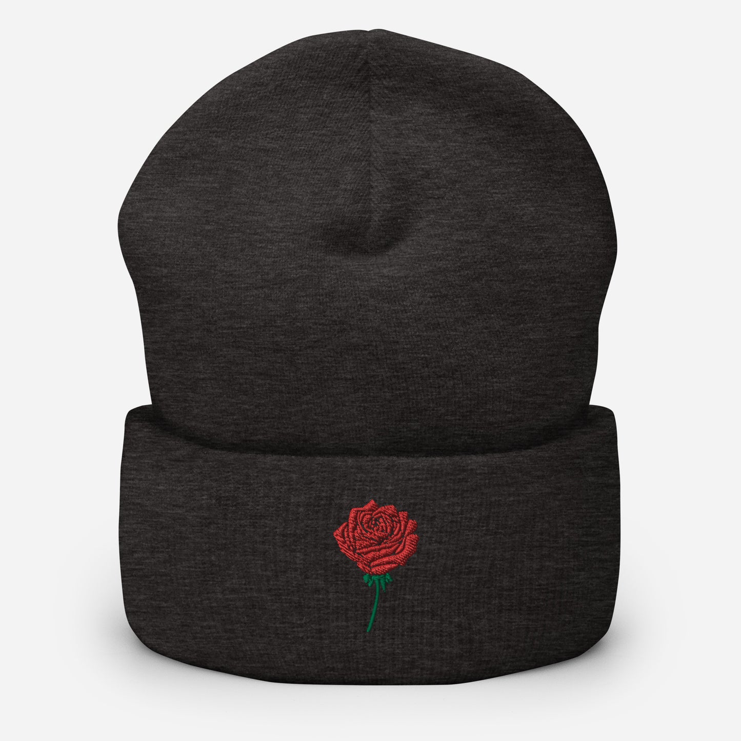 Red Rose Embroidered Cuffed Beanie