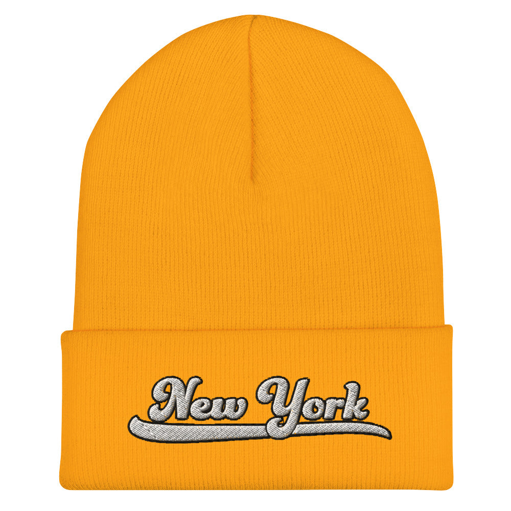 New York Embroidered Cuffed Beanie with Varsity Script