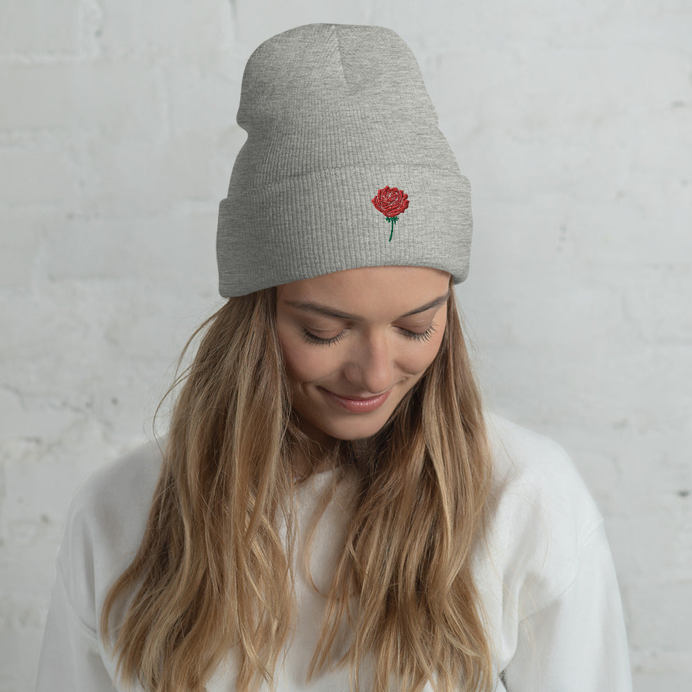 Red Rose Embroidered Cuffed Beanie