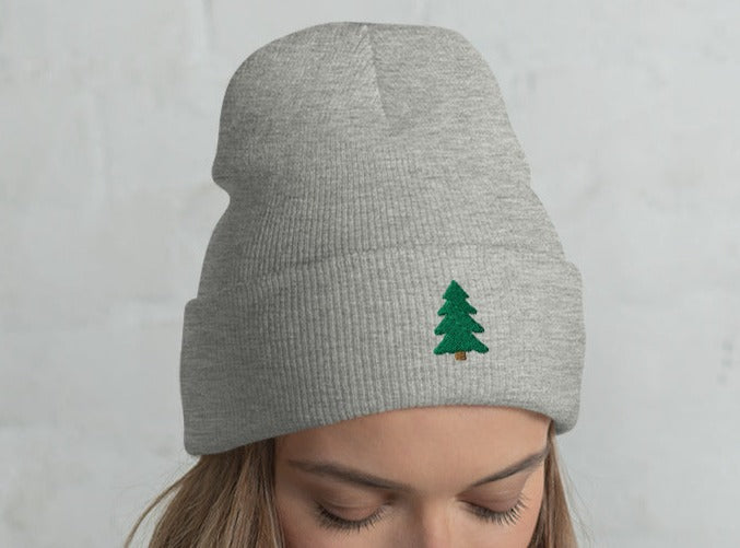 Pine Tree Embroidered Cuffed Beanie