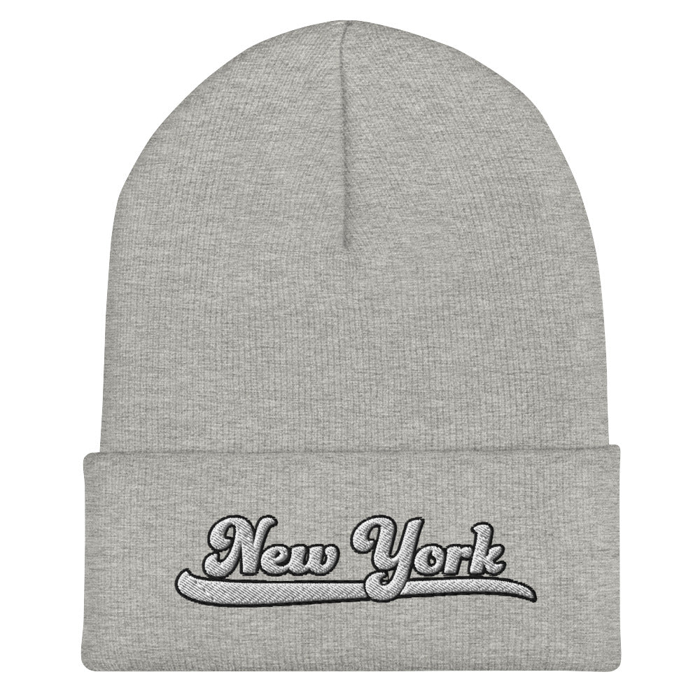 New York Embroidered Cuffed Beanie with Varsity Script