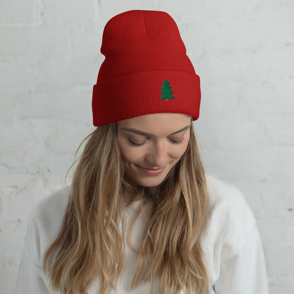 Pine Tree Embroidered Cuffed Beanie