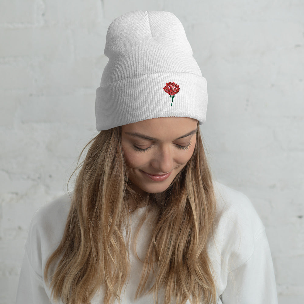 Red Rose Embroidered Cuffed Beanie