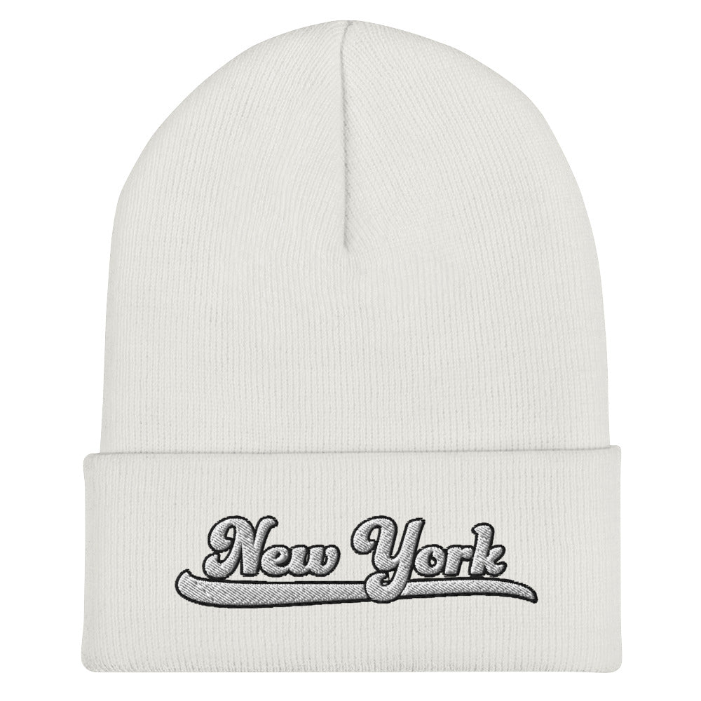 New York Embroidered Cuffed Beanie with Varsity Script