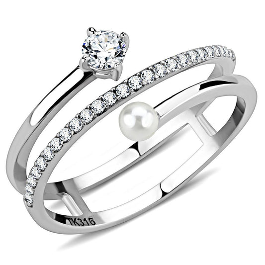 High Polished Stainless Steel Wrap Around Statement Ring with CZ Crystals and Pearl