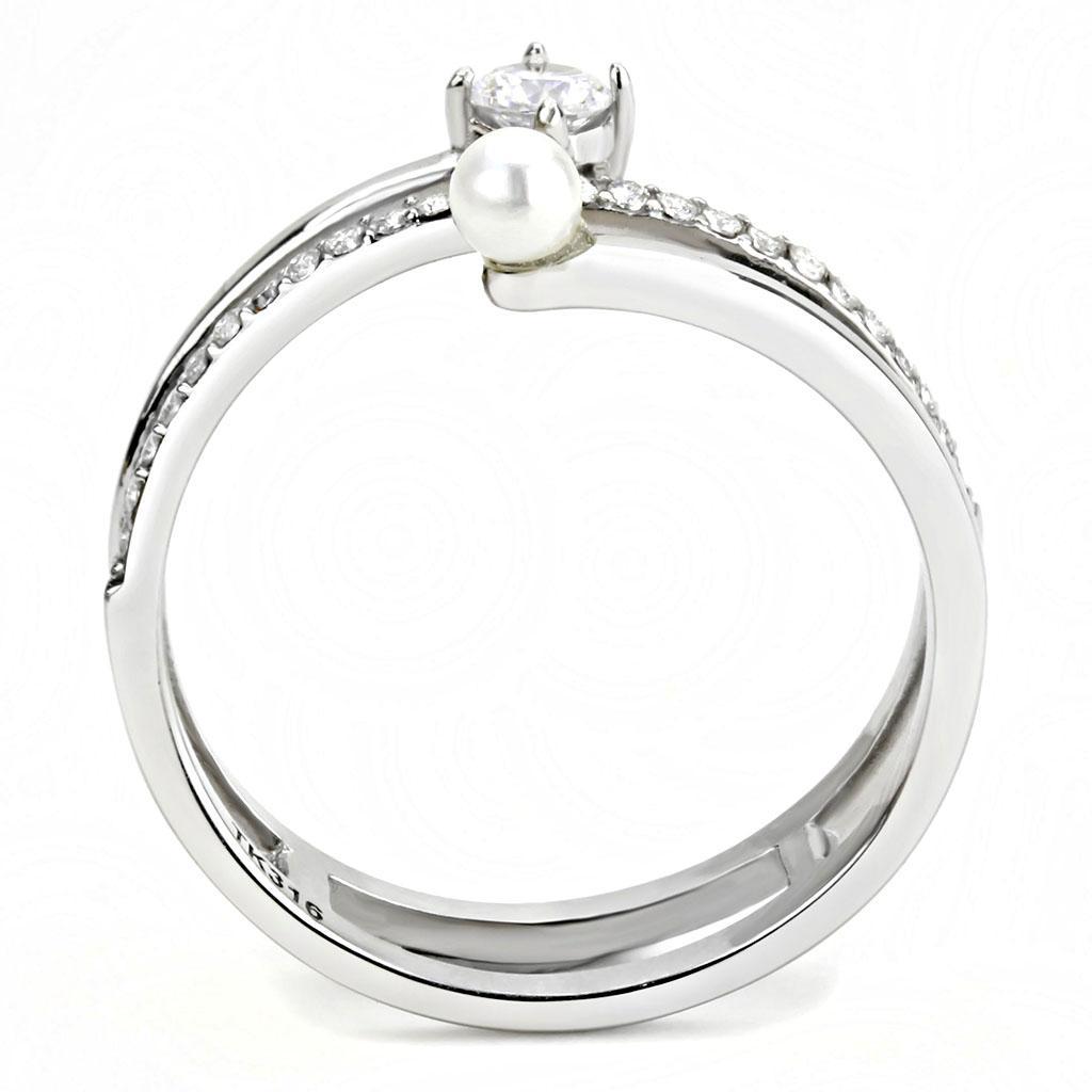 High Polished Stainless Steel Wrap Around Statement Ring with CZ Crystals and Pearl