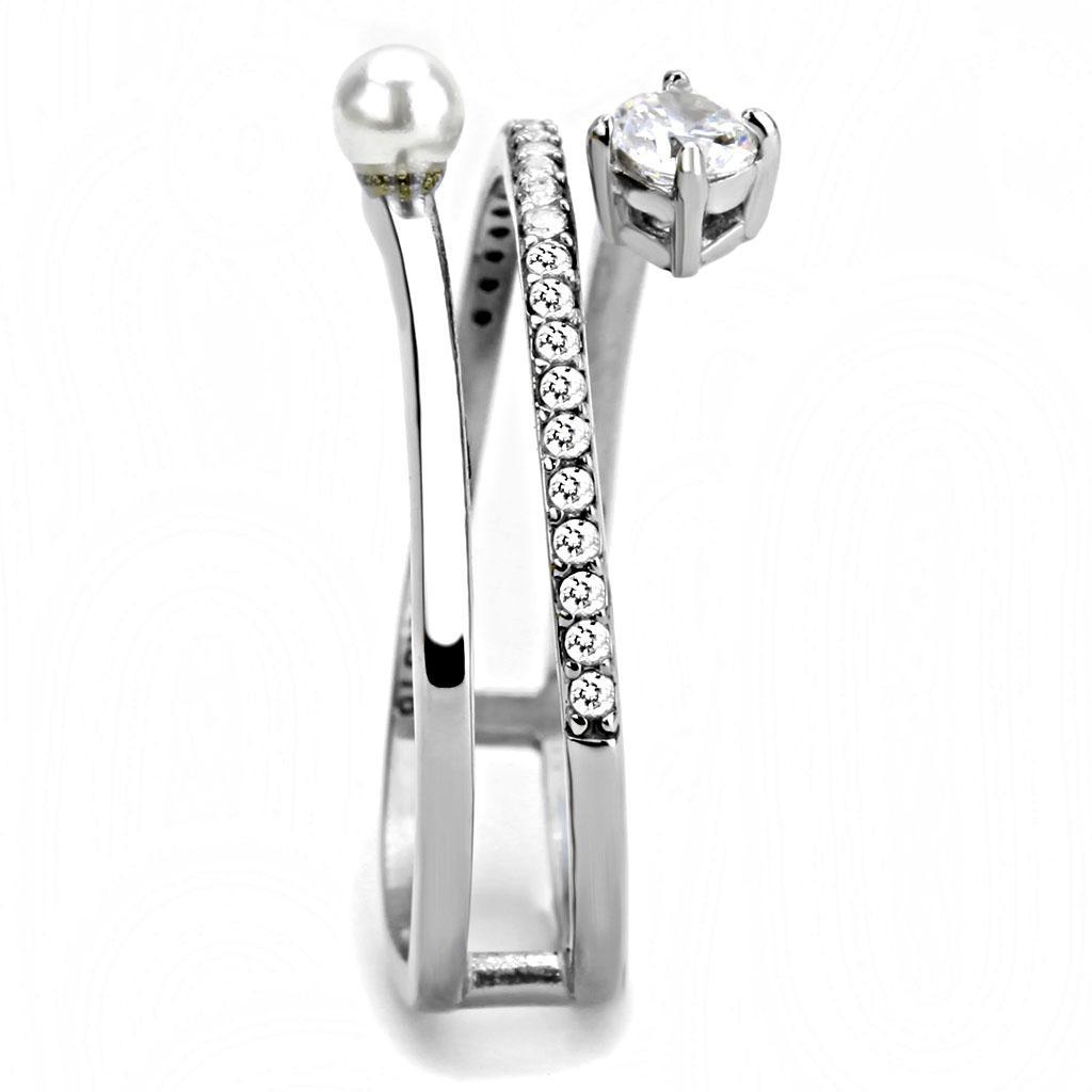 High Polished Stainless Steel Wrap Around Statement Ring with CZ Crystals and Pearl