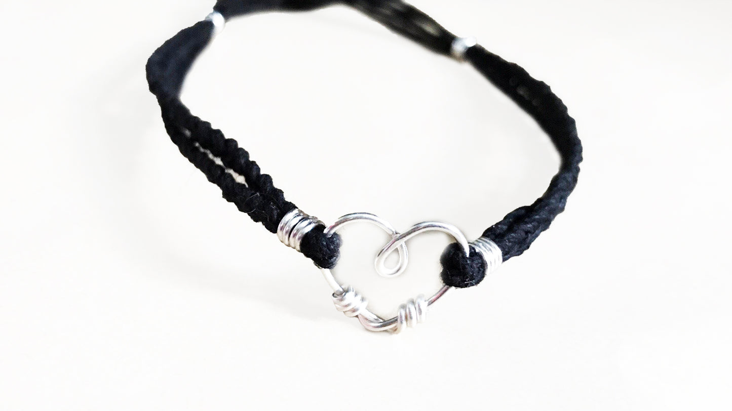 Braided Cord with Sterling Silver Heart Anklet or Bracelet